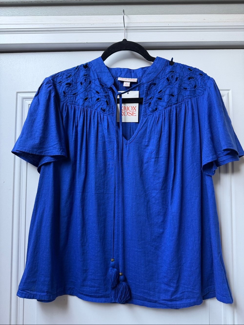 Knox Rose Cobalt Blue Embroidered Tassel Short Sleeve Blouse